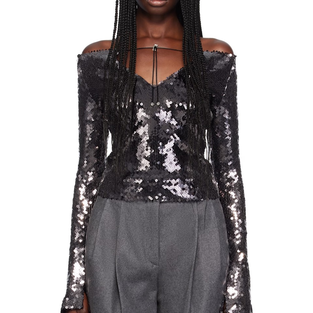 Sequin Off-Shoulder Long-Sleeve Top - Black
